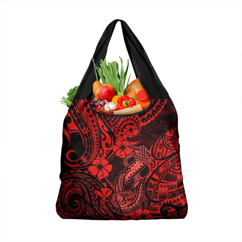 Hawaii Fish Hook Grocery Bag Hibiscus Hawaii Tribal Tattoo Red Version LT01 1-pack One Size Red - Polynesian Pride