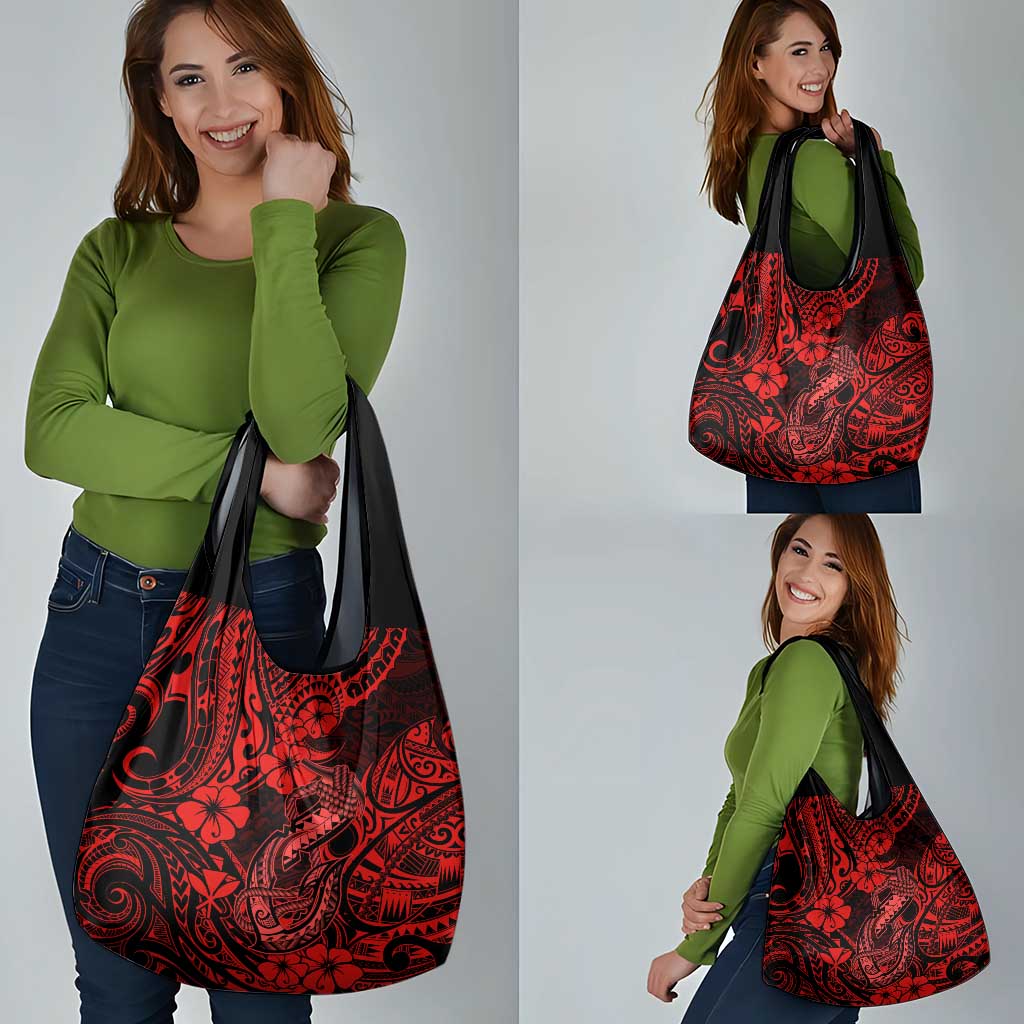 Hawaii Fish Hook Grocery Bag Hibiscus Hawaii Tribal Tattoo Red Version LT01 - Polynesian Pride