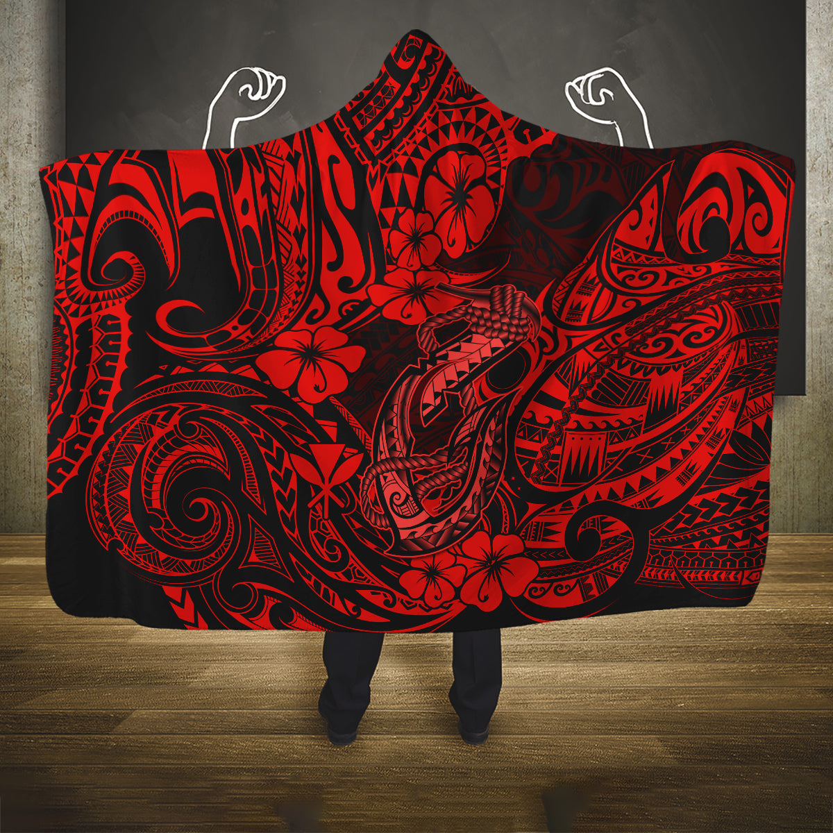 Hawaii Fish Hook Hooded Blanket Hibiscus Hawaii Tribal Tattoo Red Version LT01 One Size Red - Polynesian Pride