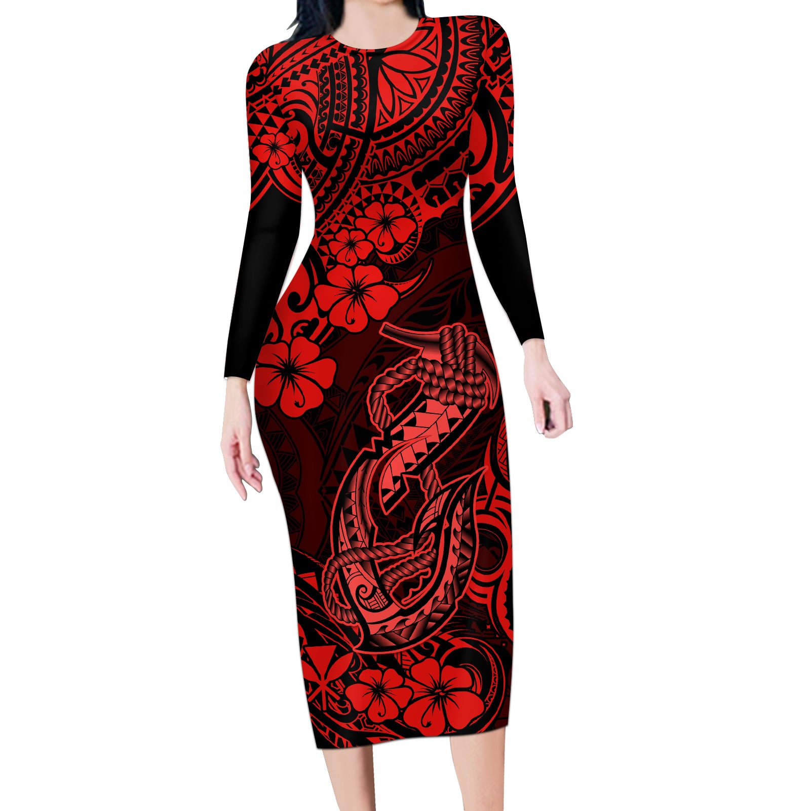 Hawaii Fish Hook Long Sleeve Bodycon Dress Hibiscus Hawaii Tribal Tattoo Red Version LT01 Long Dress Red - Polynesian Pride