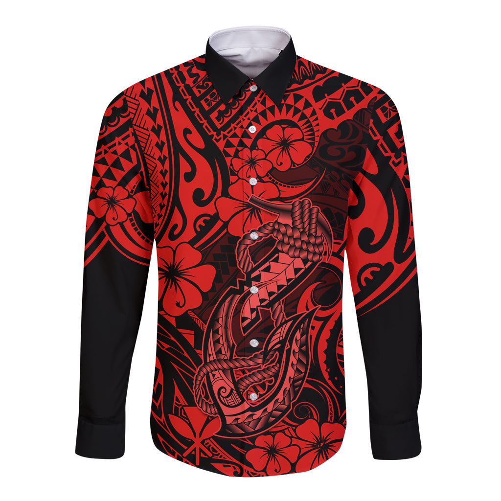 Hawaii Fish Hook Long Sleeve Button Shirt Hibiscus Hawaii Tribal Tattoo Red Version LT01 Unisex Red - Polynesian Pride