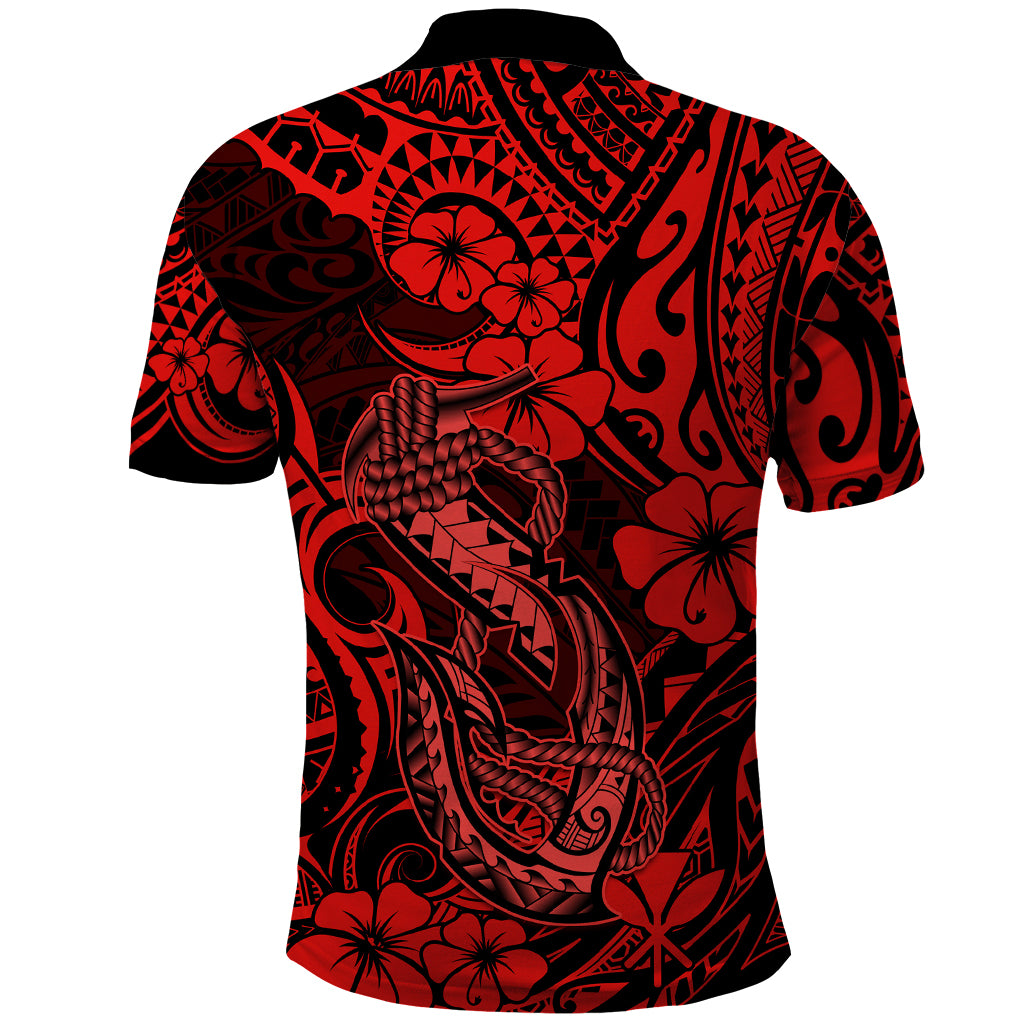 Hawaii Fish Hook Polo Shirt Hibiscus Hawaii Tribal Tattoo Red Version LT01 - Polynesian Pride