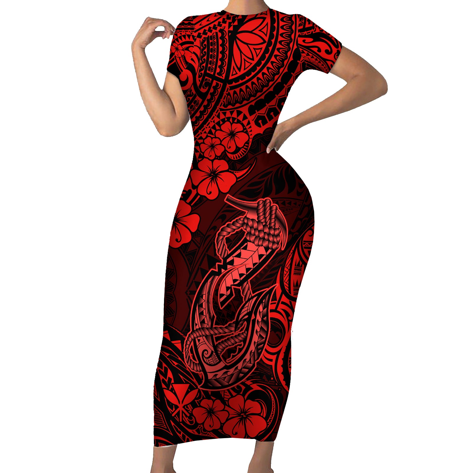 Hawaii Fish Hook Short Sleeve Bodycon Dress Hibiscus Hawaii Tribal Tattoo Red Version LT01 Long Dress Red - Polynesian Pride
