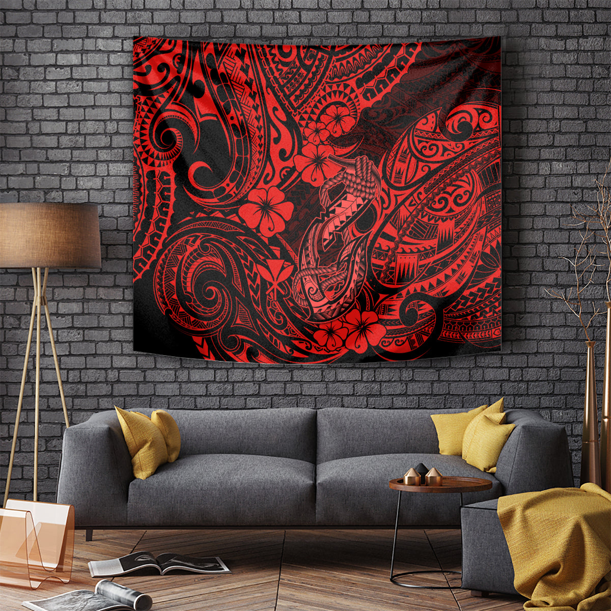 Hawaii Fish Hook Tapestry Hibiscus Hawaii Tribal Tattoo Red Version LT01 Red - Polynesian Pride