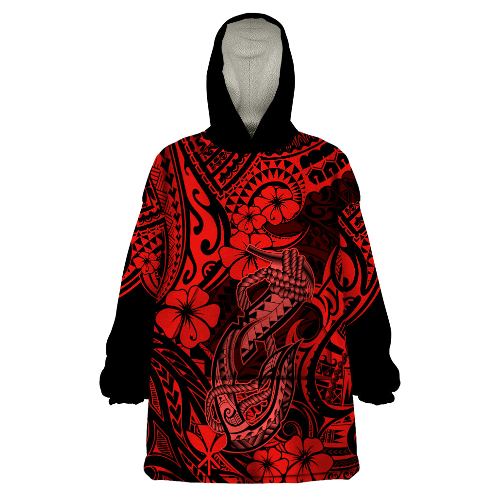 Hawaii Fish Hook Wearable Blanket Hoodie Hibiscus Hawaii Tribal Tattoo Red Version LT01 One Size Red - Polynesian Pride