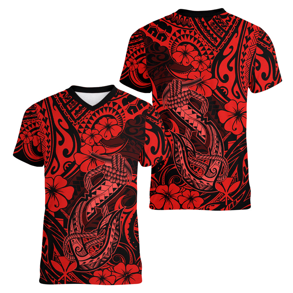 Hawaii Fish Hook Women V Neck T Shirt Hibiscus Hawaii Tribal Tattoo Red Version LT01 - Polynesian Pride