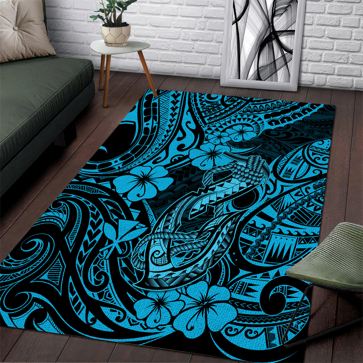 Hawaii Fish Hook Area Rug Hibiscus Hawaii Tribal Tattoo Sky Blue Version LT01 Blue - Polynesian Pride