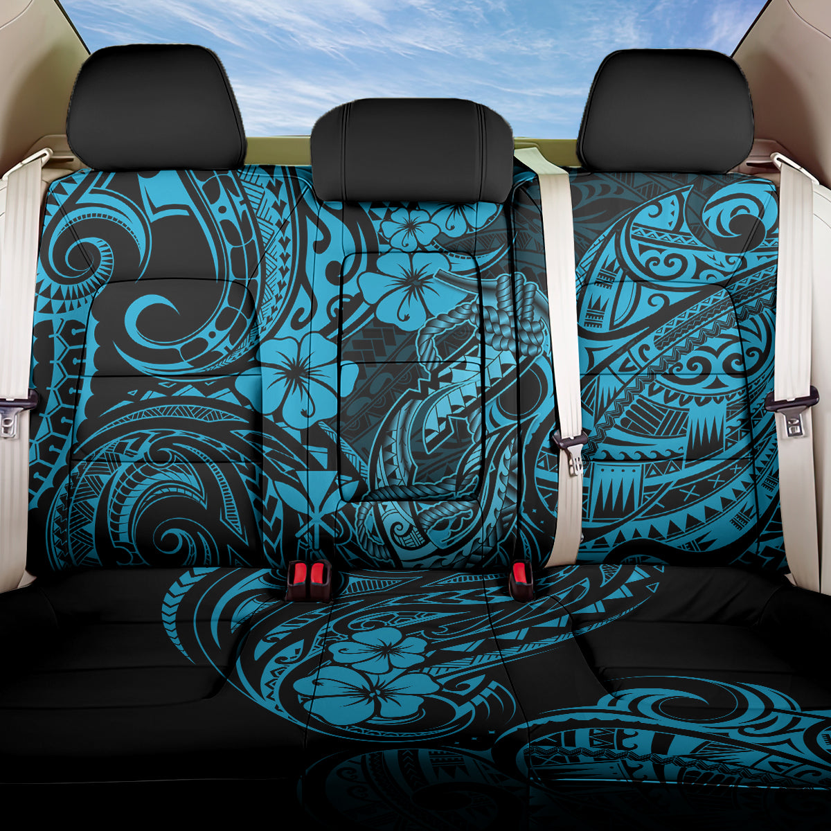 Hawaii Fish Hook Back Car Seat Cover Hibiscus Hawaii Tribal Tattoo Sky Blue Version