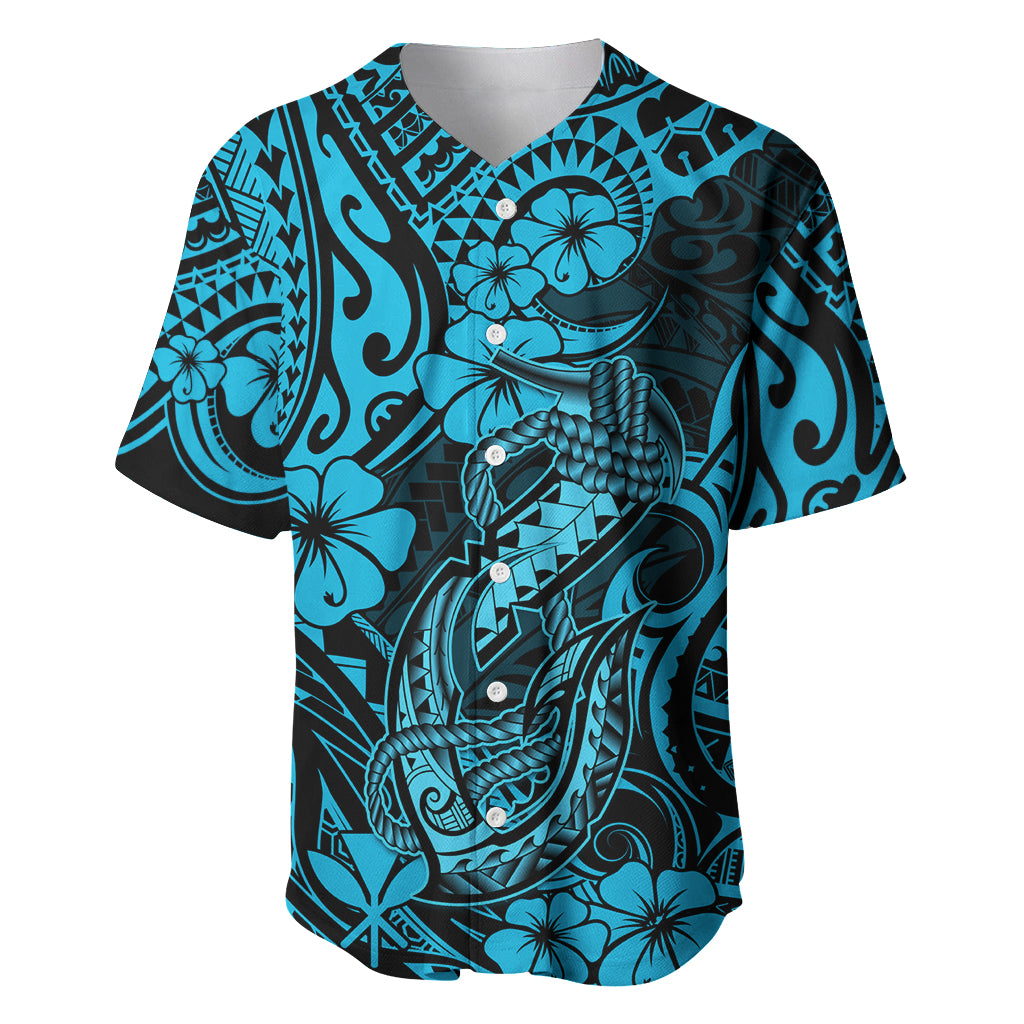 Hawaii Fish Hook Baseball Jersey Hibiscus Hawaii Tribal Tattoo Sky Blue Version LT01 Blue - Polynesian Pride