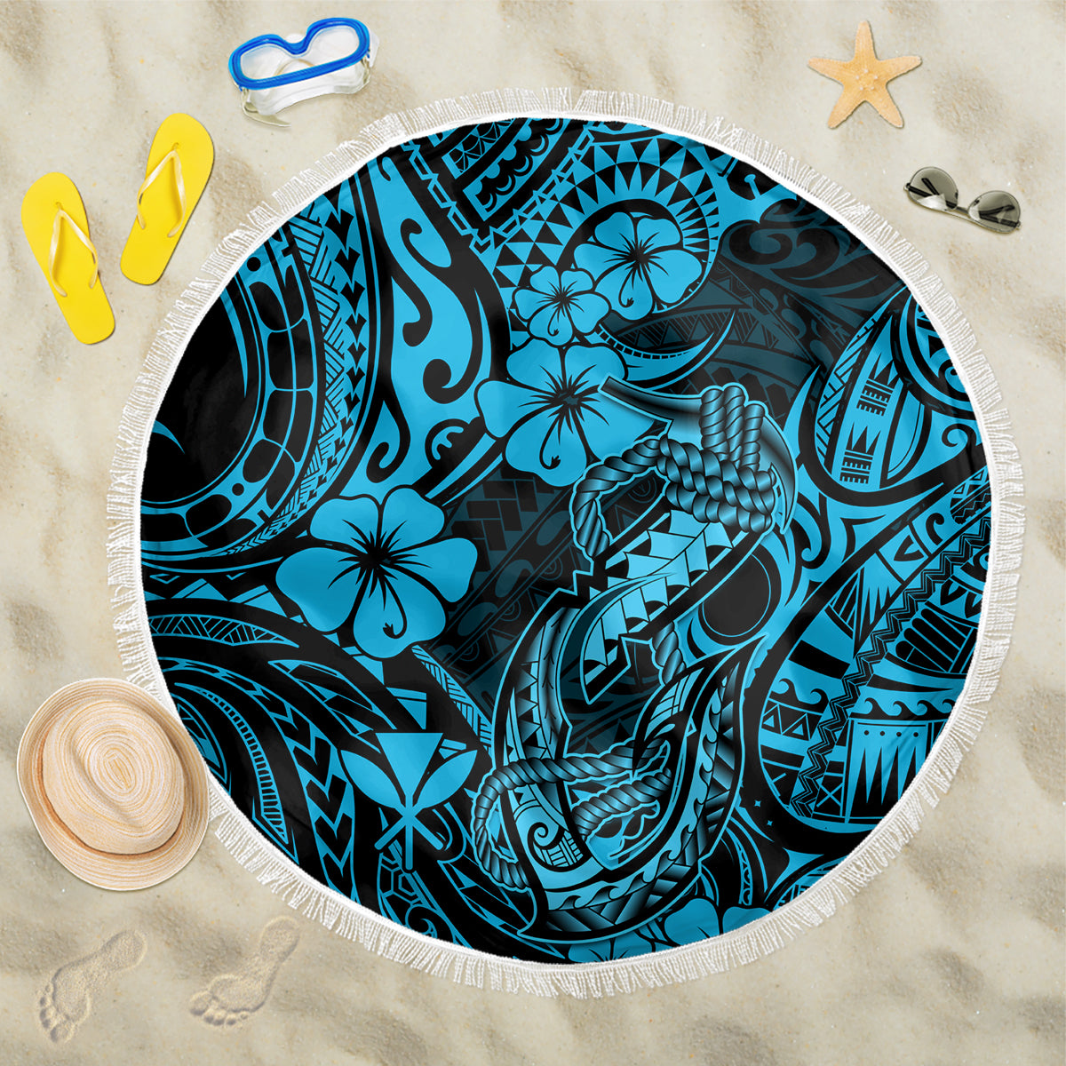 Hawaii Fish Hook Beach Blanket Hibiscus Hawaii Tribal Tattoo Sky Blue Version LT01 One Size 150cm Blue - Wonder Print Shop