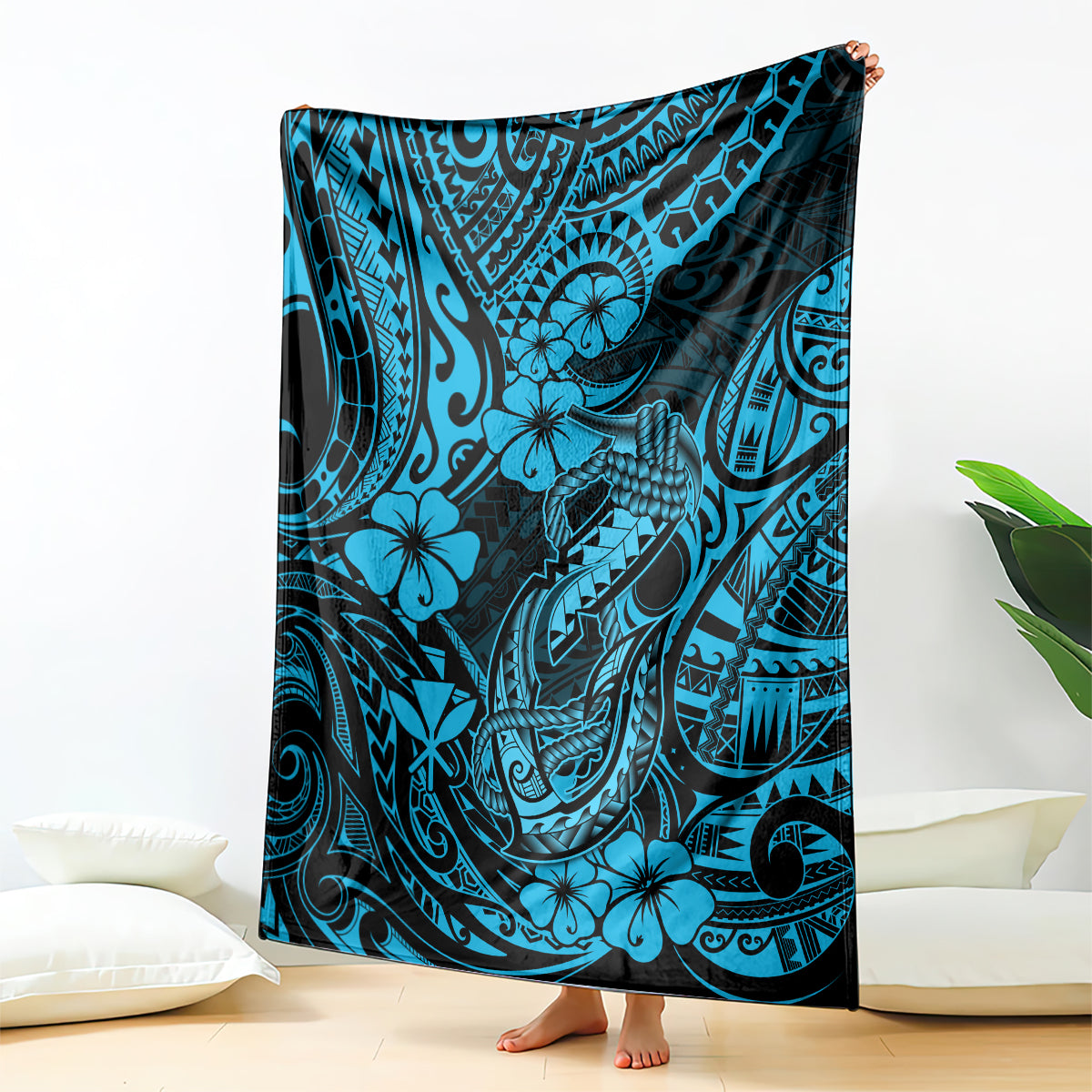 Hawaii Fish Hook Blanket Hibiscus Hawaii Tribal Tattoo Sky Blue Version LT01 Blue - Polynesian Pride