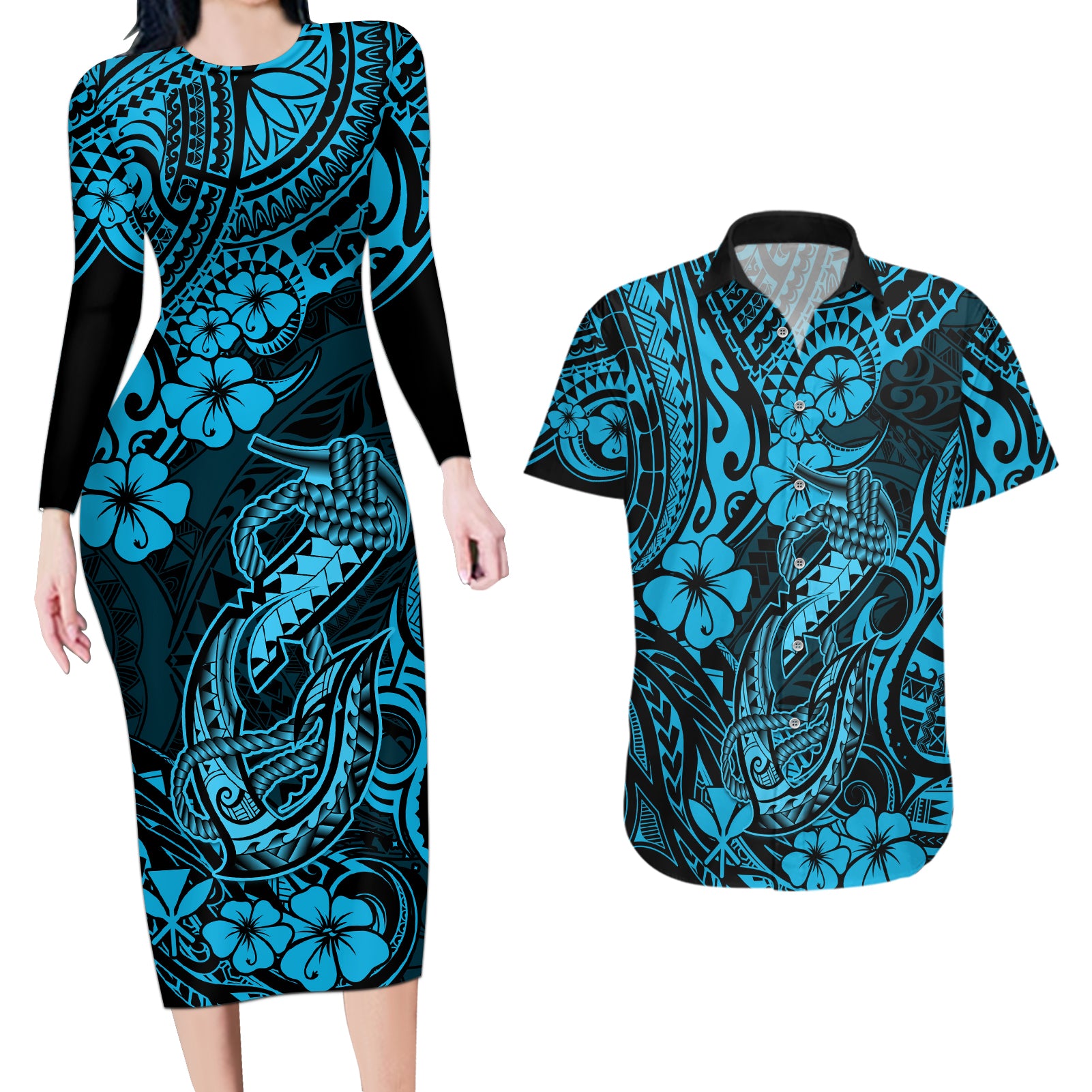 Hawaii Fish Hook Couples Matching Long Sleeve Bodycon Dress and Hawaiian Shirt Hibiscus Hawaii Tribal Tattoo Sky Blue Version LT01 Blue - Polynesian Pride