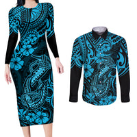 Hawaii Fish Hook Couples Matching Long Sleeve Bodycon Dress and Long Sleeve Button Shirts Hibiscus Hawaii Tribal Tattoo Sky Blue Version LT01 Blue - Polynesian Pride