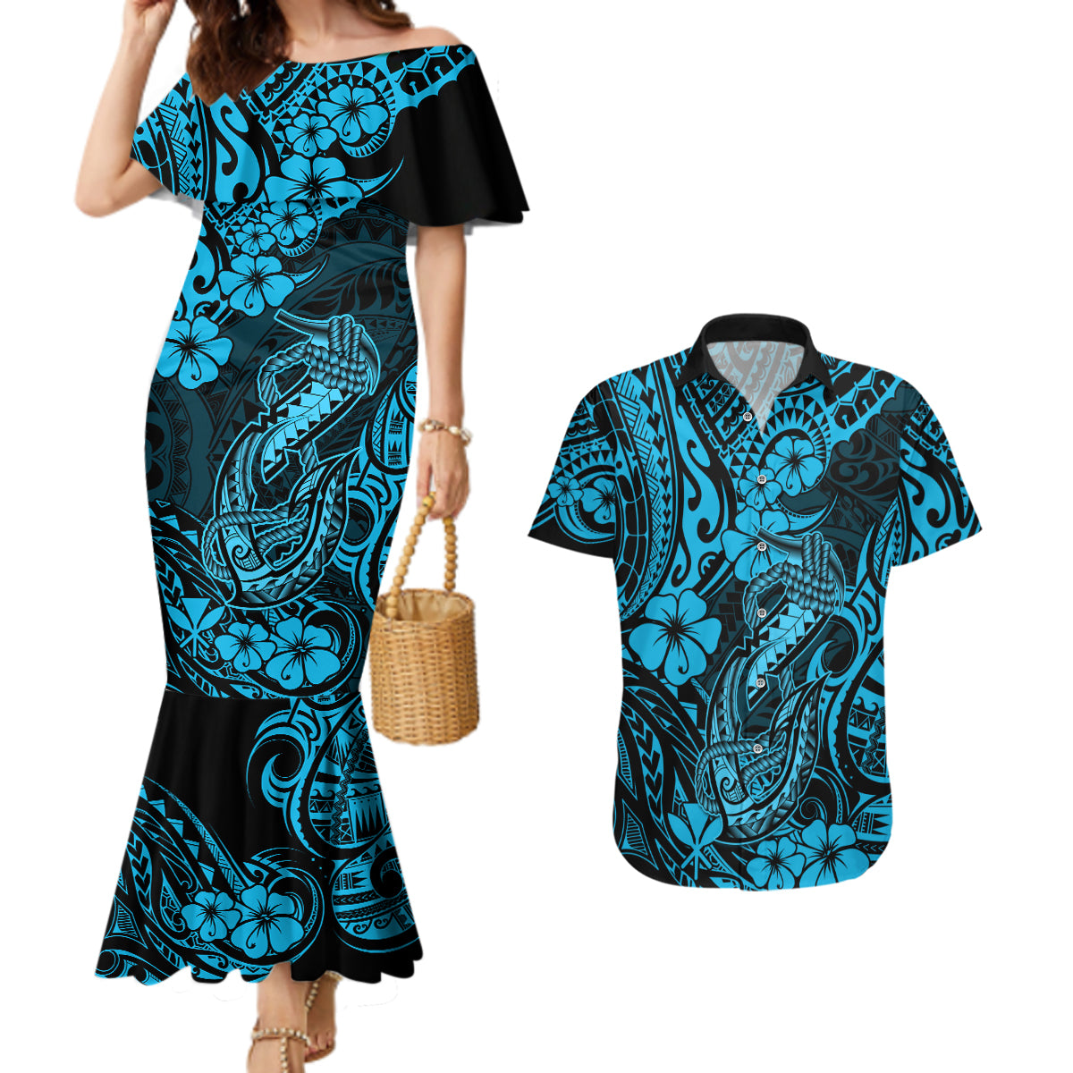 Hawaii Fish Hook Couples Matching Mermaid Dress and Hawaiian Shirt Hibiscus Hawaii Tribal Tattoo Sky Blue Version LT01 Blue - Polynesian Pride