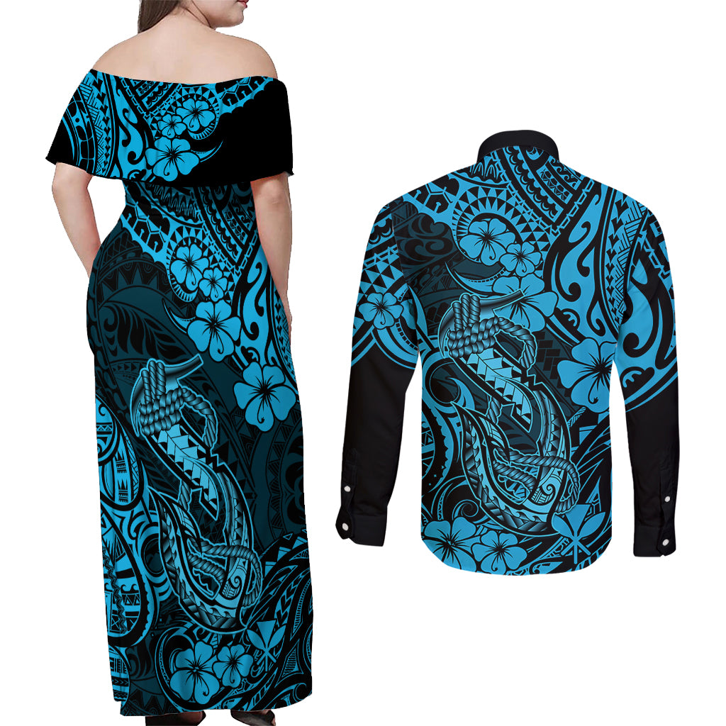 Hawaii Fish Hook Couples Matching Off Shoulder Maxi Dress and Long Sleeve Button Shirts Hibiscus Hawaii Tribal Tattoo Sky Blue Version LT01 - Polynesian Pride
