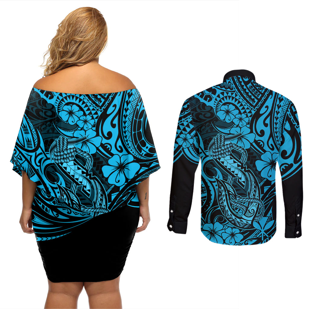 Hawaii Fish Hook Couples Matching Off Shoulder Short Dress and Long Sleeve Button Shirts Hibiscus Hawaii Tribal Tattoo Sky Blue Version LT01 - Polynesian Pride