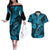 Hawaii Fish Hook Couples Matching Off The Shoulder Long Sleeve Dress and Hawaiian Shirt Hibiscus Hawaii Tribal Tattoo Sky Blue Version LT01 Blue - Polynesian Pride