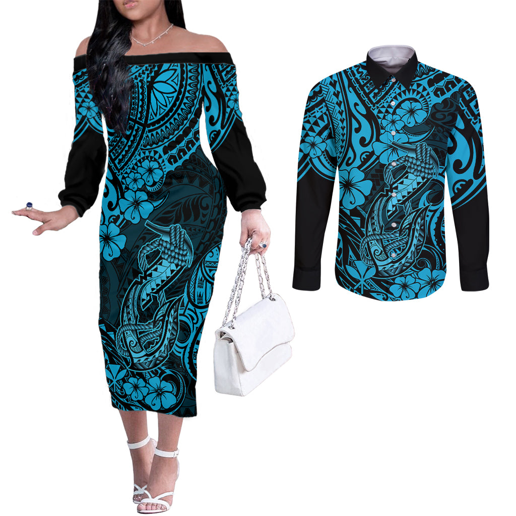 Hawaii Fish Hook Couples Matching Off The Shoulder Long Sleeve Dress and Long Sleeve Button Shirts Hibiscus Hawaii Tribal Tattoo Sky Blue Version LT01 Blue - Polynesian Pride