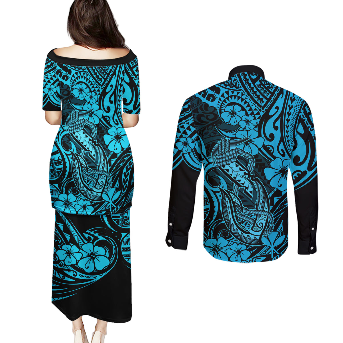Hawaii Fish Hook Couples Matching Puletasi Dress and Long Sleeve Button Shirts Hibiscus Hawaii Tribal Tattoo Sky Blue Version LT01 - Polynesian Pride