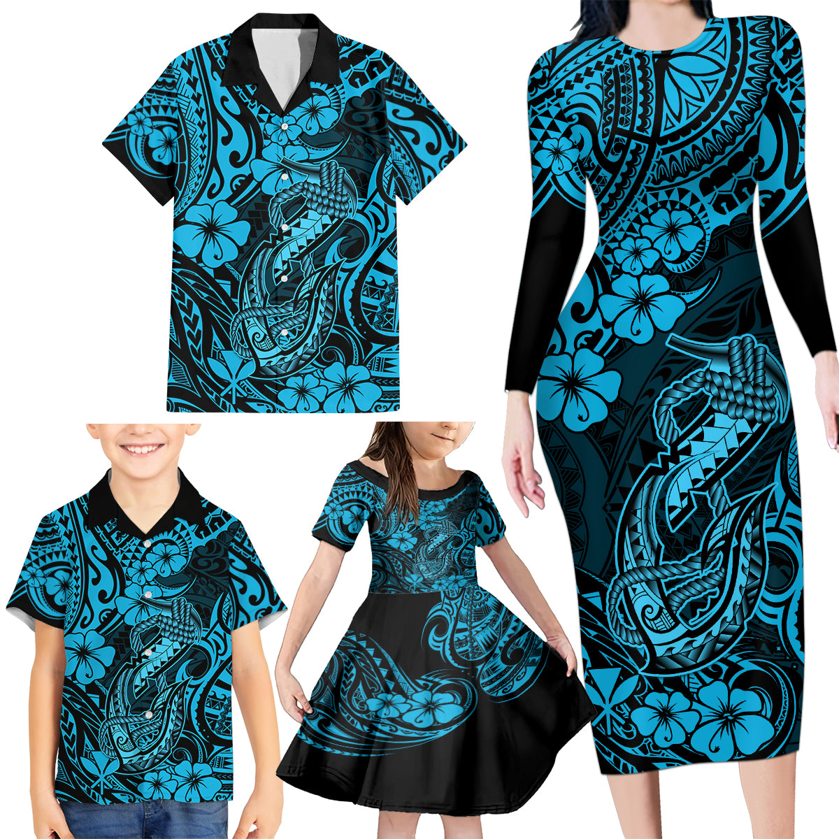 Hawaii Fish Hook Family Matching Long Sleeve Bodycon Dress and Hawaiian Shirt Hibiscus Hawaii Tribal Tattoo Sky Blue Version LT01 - Polynesian Pride