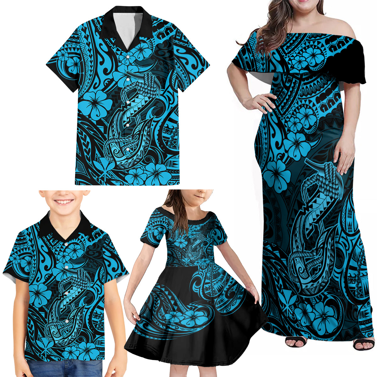 Hawaii Fish Hook Family Matching Off Shoulder Maxi Dress and Hawaiian Shirt Hibiscus Hawaii Tribal Tattoo Sky Blue Version LT01 - Polynesian Pride