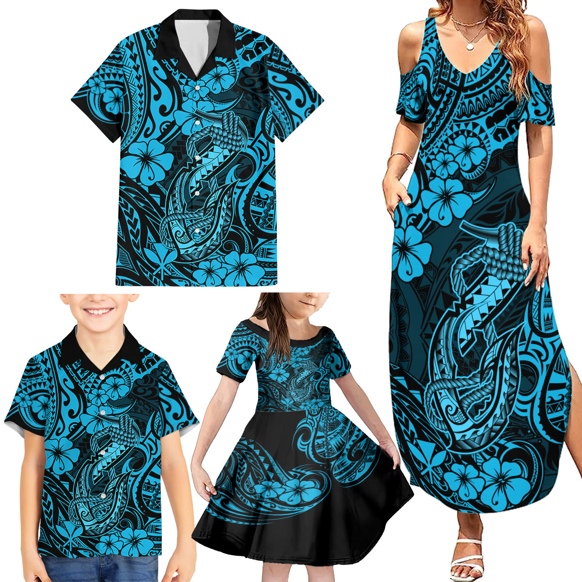 Hawaii Fish Hook Family Matching Summer Maxi Dress and Hawaiian Shirt Hibiscus Hawaii Tribal Tattoo Sky Blue Version LT01 - Polynesian Pride