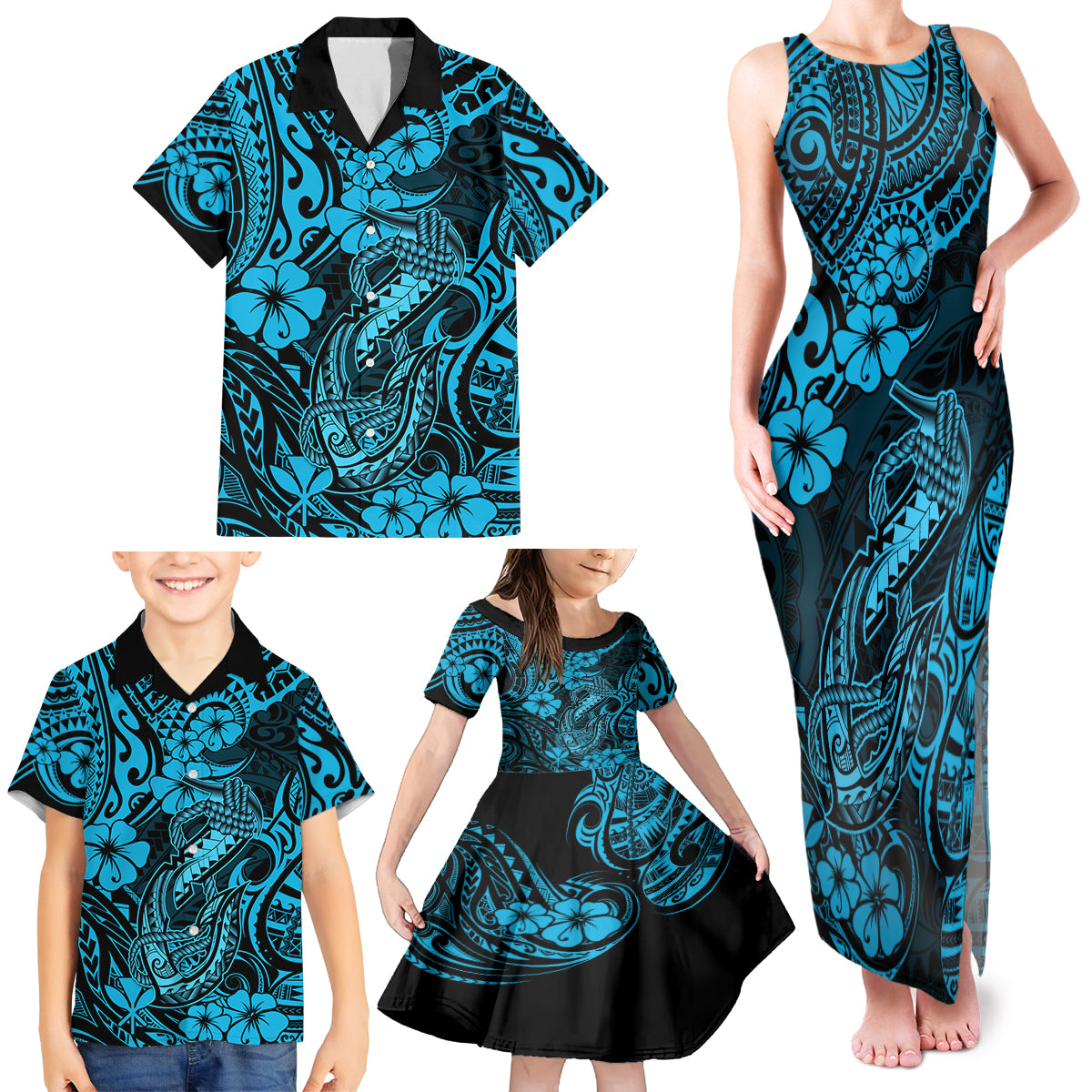 Hawaii Fish Hook Family Matching Tank Maxi Dress and Hawaiian Shirt Hibiscus Hawaii Tribal Tattoo Sky Blue Version LT01 - Polynesian Pride