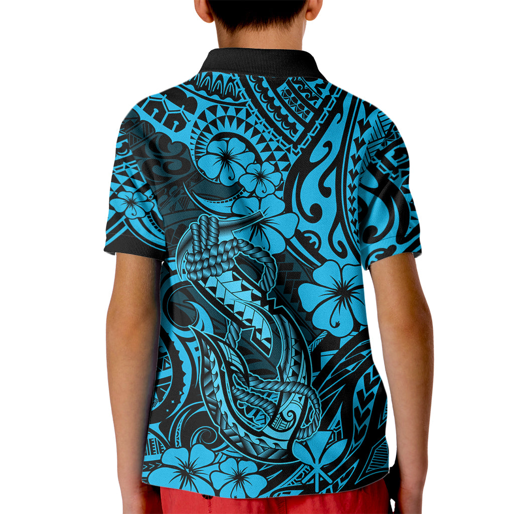 Hawaii Fish Hook Kid Polo Shirt Hibiscus Hawaii Tribal Tattoo Sky Blue Version LT01 - Polynesian Pride