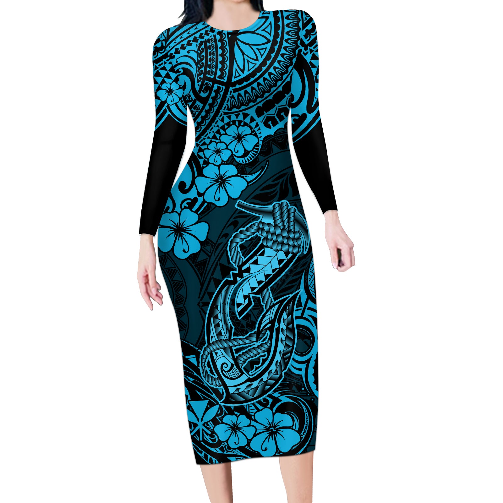 Hawaii Fish Hook Long Sleeve Bodycon Dress Hibiscus Hawaii Tribal Tattoo Sky Blue Version LT01 Long Dress Blue - Polynesian Pride