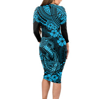 Hawaii Fish Hook Long Sleeve Bodycon Dress Hibiscus Hawaii Tribal Tattoo Sky Blue Version LT01 - Polynesian Pride