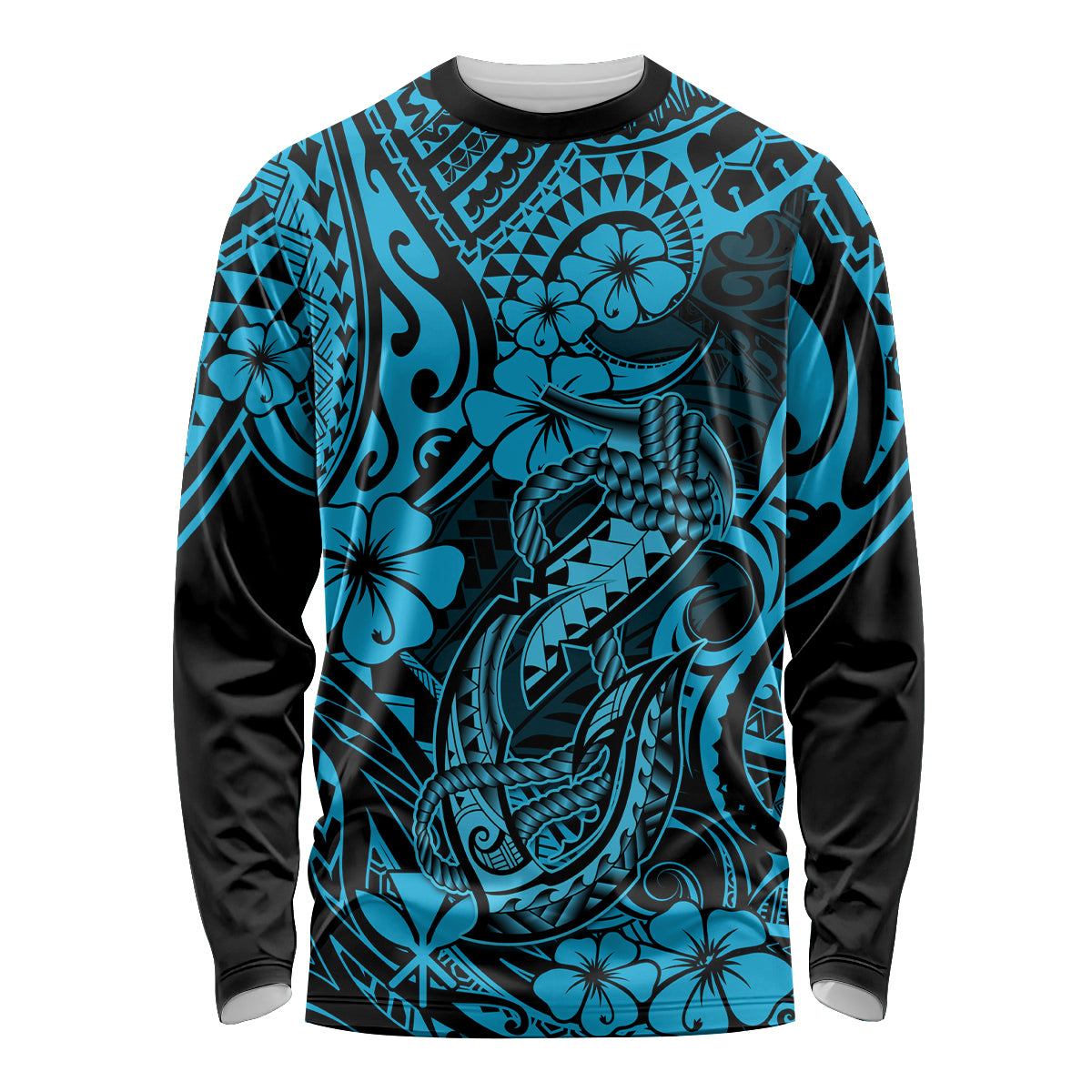 Hawaii Fish Hook Long Sleeve Shirt Hibiscus Hawaii Tribal Tattoo Sky Blue Version LT01 Unisex Blue - Polynesian Pride