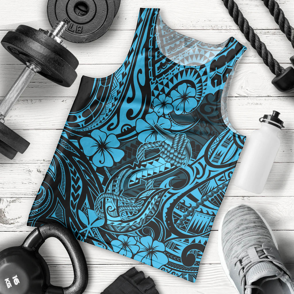 Hawaii Fish Hook Men Tank Top Hibiscus Hawaii Tribal Tattoo Sky Blue Version LT01 Blue - Polynesian Pride