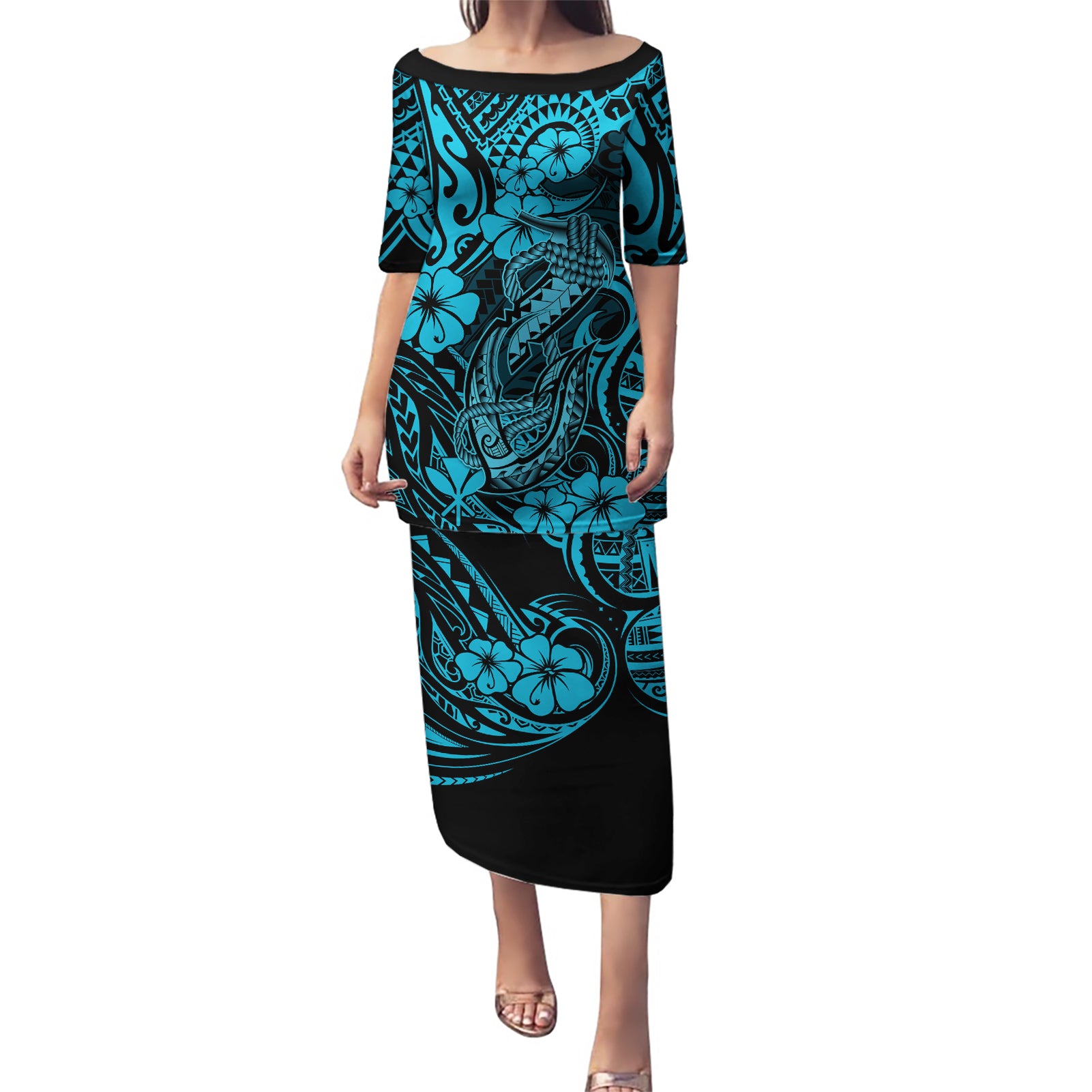 Hawaii Fish Hook Puletasi Hibiscus Hawaii Tribal Tattoo Sky Blue Version LT01 Long Dress Blue - Polynesian Pride