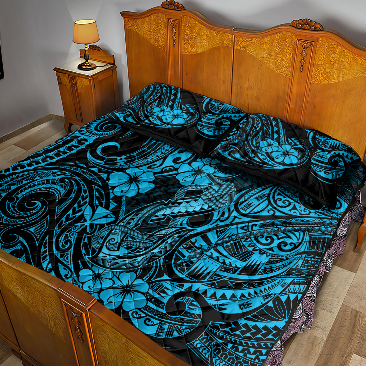 Hawaii Fish Hook Quilt Bed Set Hibiscus Hawaii Tribal Tattoo Sky Blue Version LT01 - Polynesian Pride