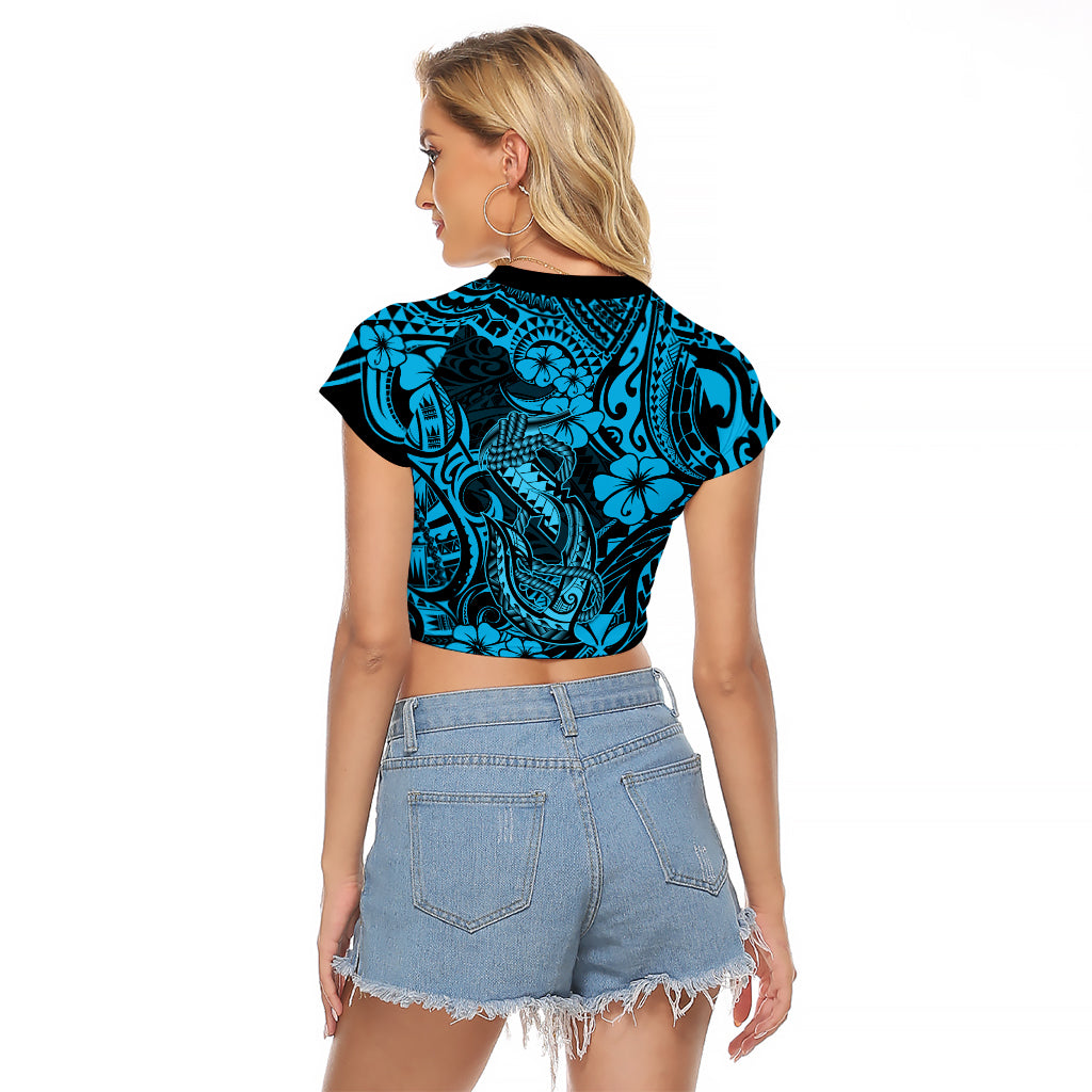 Hawaii Fish Hook Raglan Cropped T Shirt Hibiscus Hawaii Tribal Tattoo Sky Blue Version LT01 - Polynesian Pride