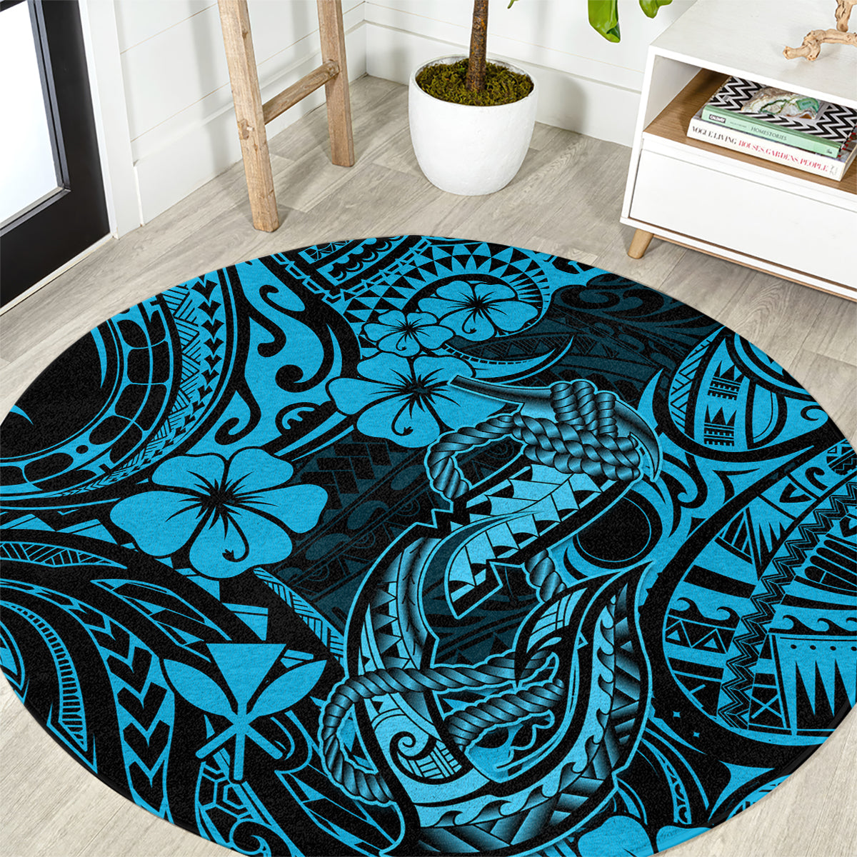 Hawaii Fish Hook Round Carpet Hibiscus Hawaii Tribal Tattoo Sky Blue Version LT01 Blue - Polynesian Pride