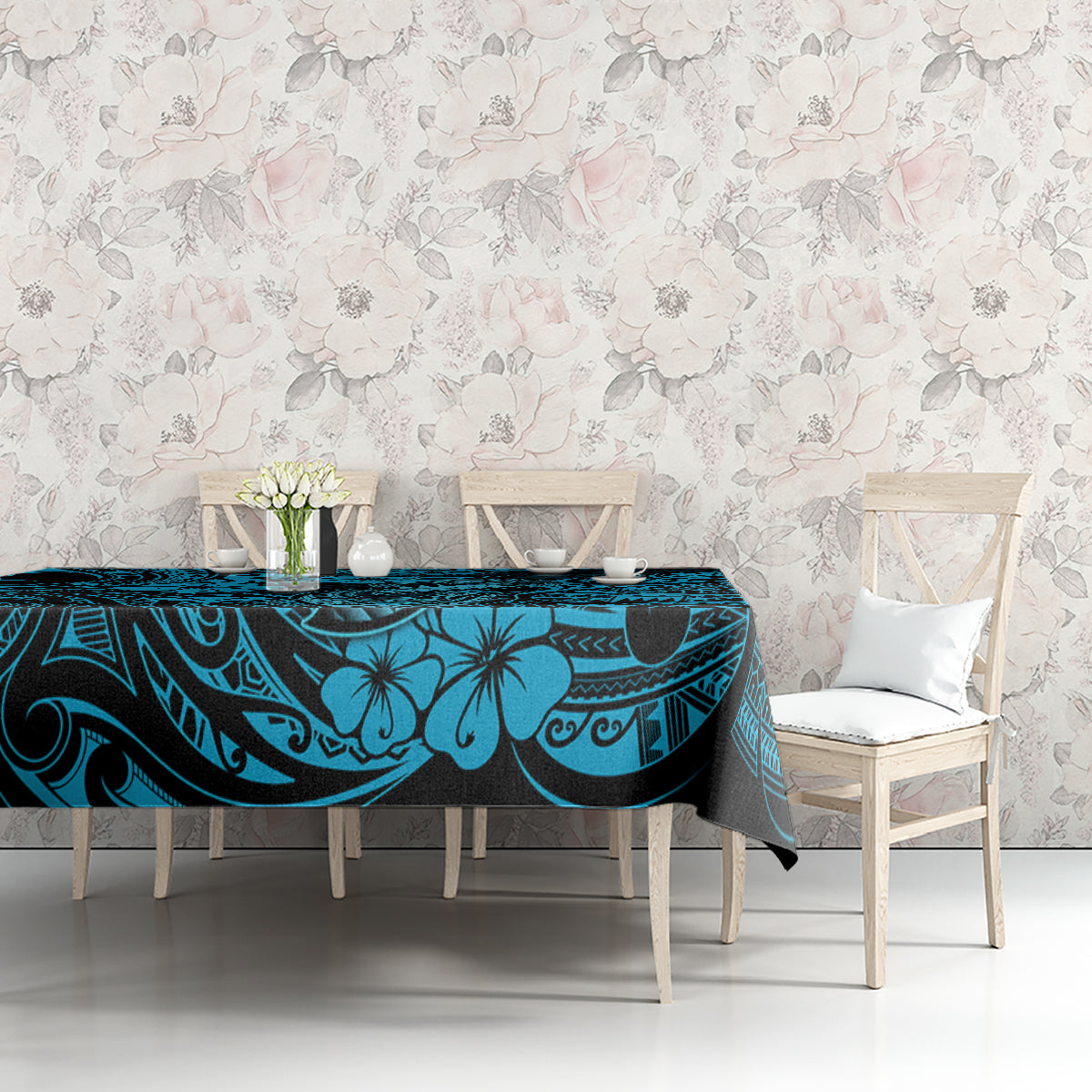 Hawaii Fish Hook Tablecloth Hibiscus Hawaii Tribal Tattoo Sky Blue Version LT01 - Polynesian Pride