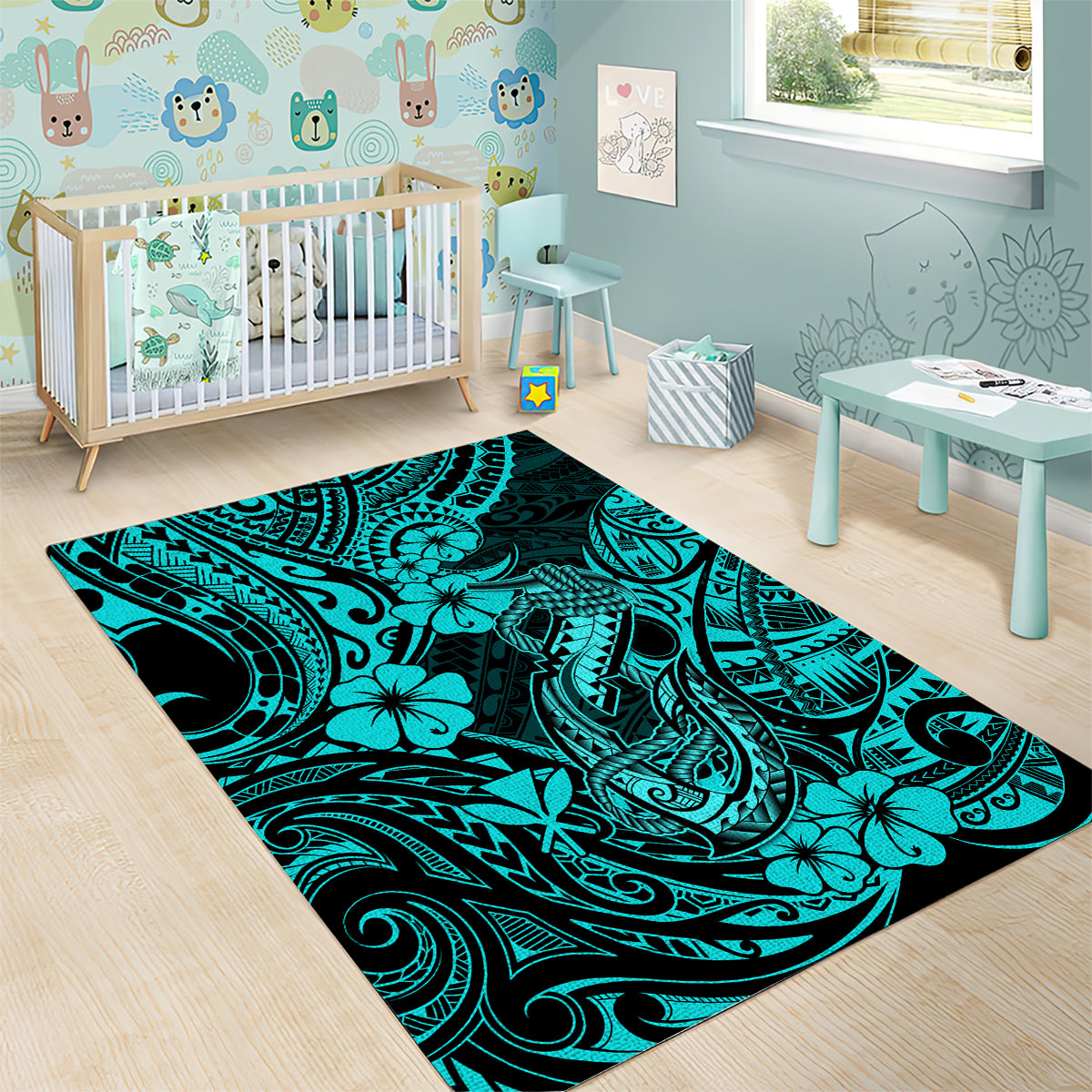Hawaii Fish Hook Area Rug Hibiscus Hawaii Tribal Tattoo Turquoise Version LT01 - Polynesian Pride