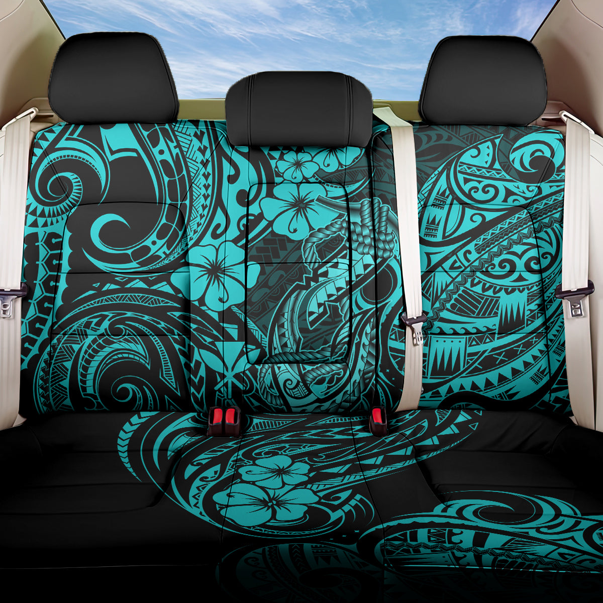 Hawaii Fish Hook Back Car Seat Cover Hibiscus Hawaii Tribal Tattoo Turquoise Version