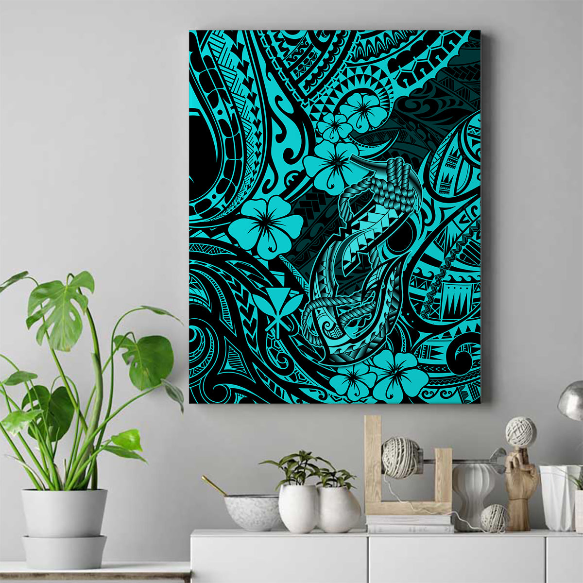 Hawaii Fish Hook Canvas Wall Art Hibiscus Hawaii Tribal Tattoo Turquoise Version LT01 Turquoise - Polynesian Pride