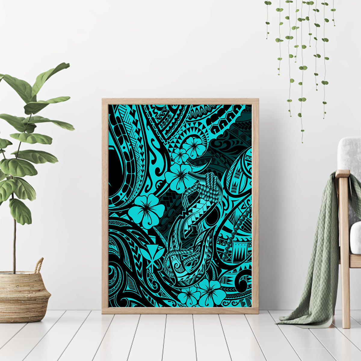 Hawaii Fish Hook Canvas Wall Art Hibiscus Hawaii Tribal Tattoo Turquoise Version LT01 - Polynesian Pride