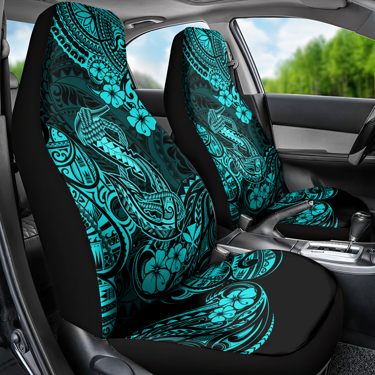 Hawaii Fish Hook Car Seat Cover Hibiscus Hawaii Tribal Tattoo Turquoise Version LT01 - Polynesian Pride