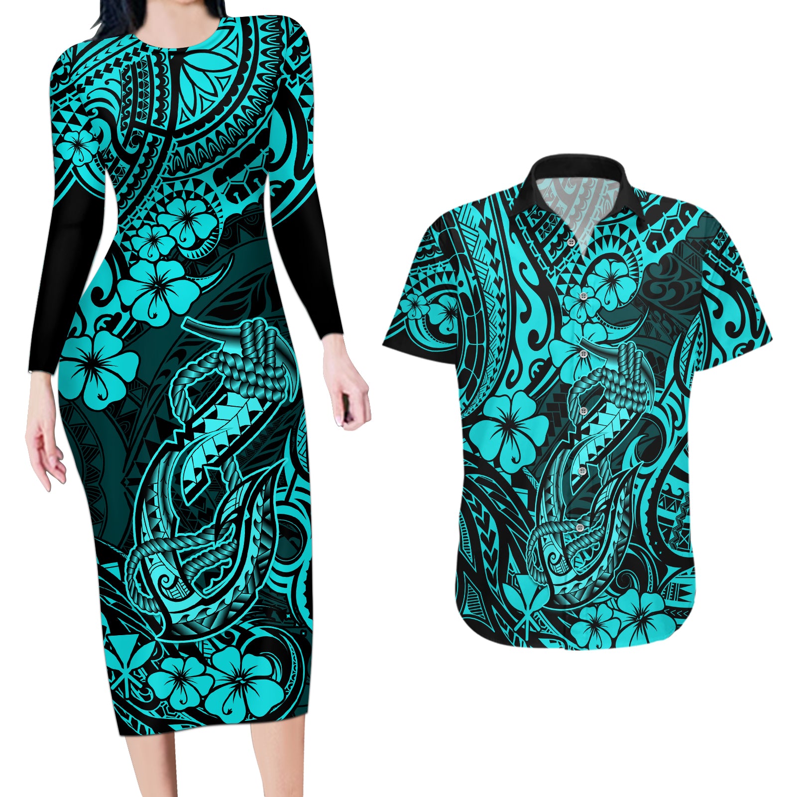 Hawaii Fish Hook Couples Matching Long Sleeve Bodycon Dress and Hawaiian Shirt Hibiscus Hawaii Tribal Tattoo Turquoise Version LT01 Turquoise - Polynesian Pride