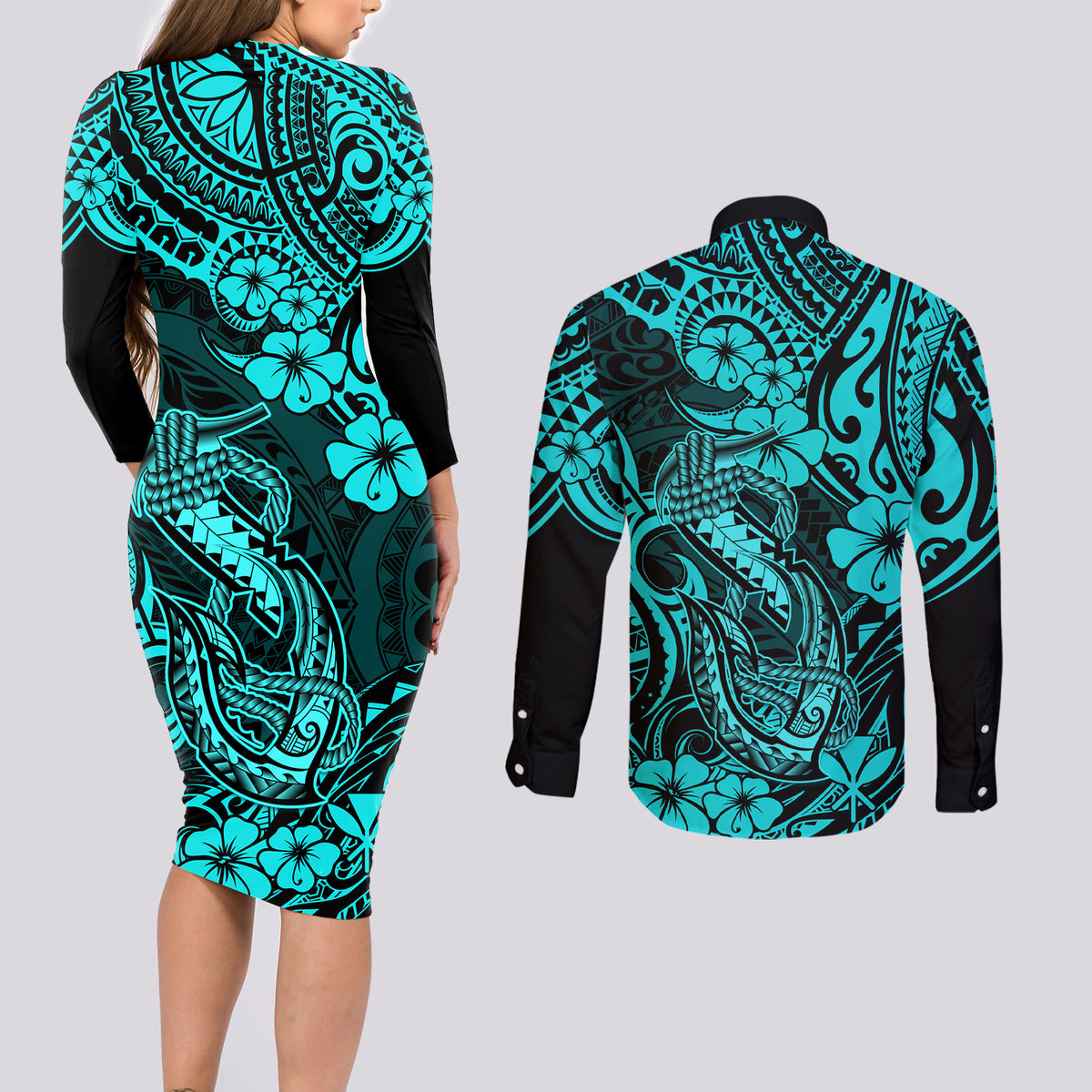 Hawaii Fish Hook Couples Matching Long Sleeve Bodycon Dress and Long Sleeve Button Shirts Hibiscus Hawaii Tribal Tattoo Turquoise Version LT01 - Polynesian Pride