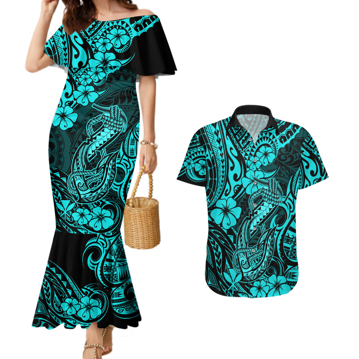 Hawaii Fish Hook Couples Matching Mermaid Dress and Hawaiian Shirt Hibiscus Hawaii Tribal Tattoo Turquoise Version LT01 Turquoise - Polynesian Pride