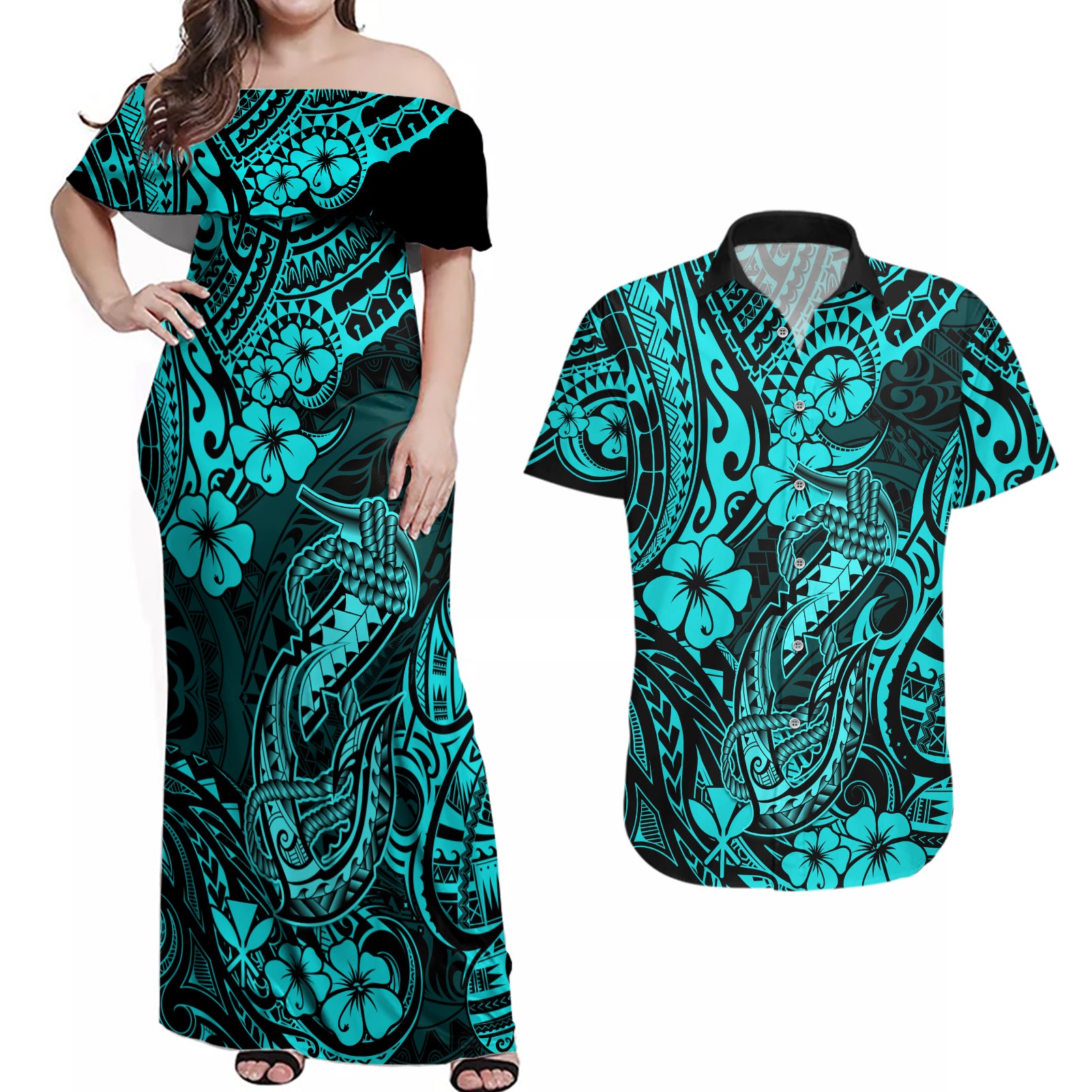 Hawaii Fish Hook Couples Matching Off Shoulder Maxi Dress and Hawaiian Shirt Hibiscus Hawaii Tribal Tattoo Turquoise Version LT01 Turquoise - Polynesian Pride