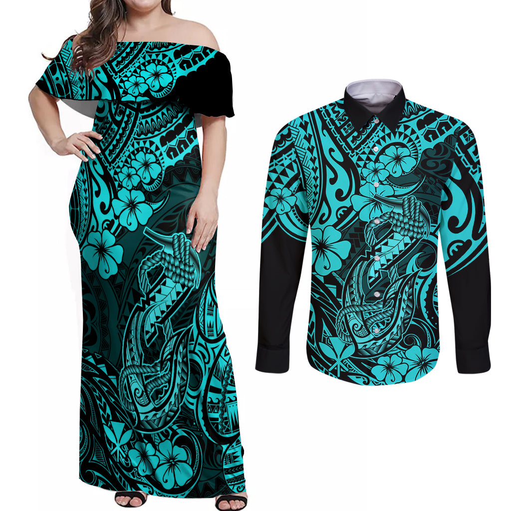 Hawaii Fish Hook Couples Matching Off Shoulder Maxi Dress and Long Sleeve Button Shirts Hibiscus Hawaii Tribal Tattoo Turquoise Version LT01 Turquoise - Polynesian Pride