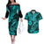 Hawaii Fish Hook Couples Matching Off The Shoulder Long Sleeve Dress and Hawaiian Shirt Hibiscus Hawaii Tribal Tattoo Turquoise Version LT01 Turquoise - Polynesian Pride