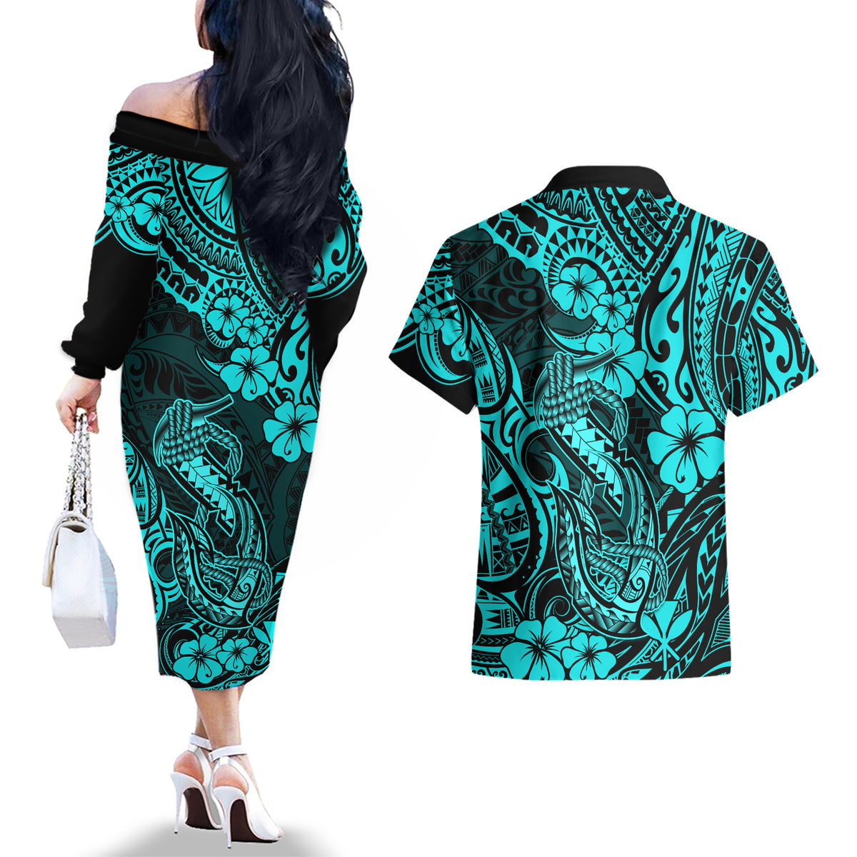 Hawaii Fish Hook Couples Matching Off The Shoulder Long Sleeve Dress and Hawaiian Shirt Hibiscus Hawaii Tribal Tattoo Turquoise Version LT01 - Polynesian Pride