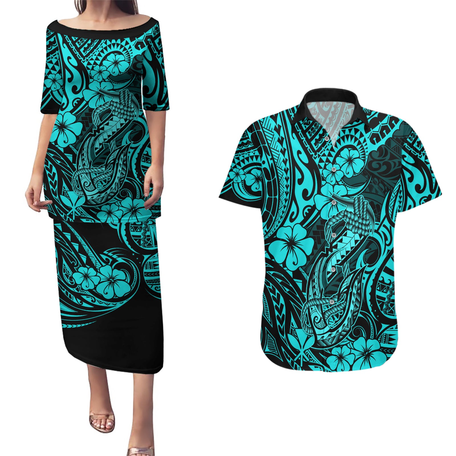 Hawaii Fish Hook Couples Matching Puletasi Dress and Hawaiian Shirt Hibiscus Hawaii Tribal Tattoo Turquoise Version LT01 Turquoise - Polynesian Pride
